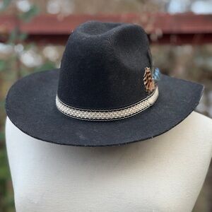 Vintage Black Wide Brim Cowboy Hat with Feather Accent
